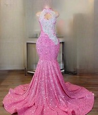 Sparkely Sequins Mermaid Evening Prom Dresses High Neck Celebrity Party Gowns