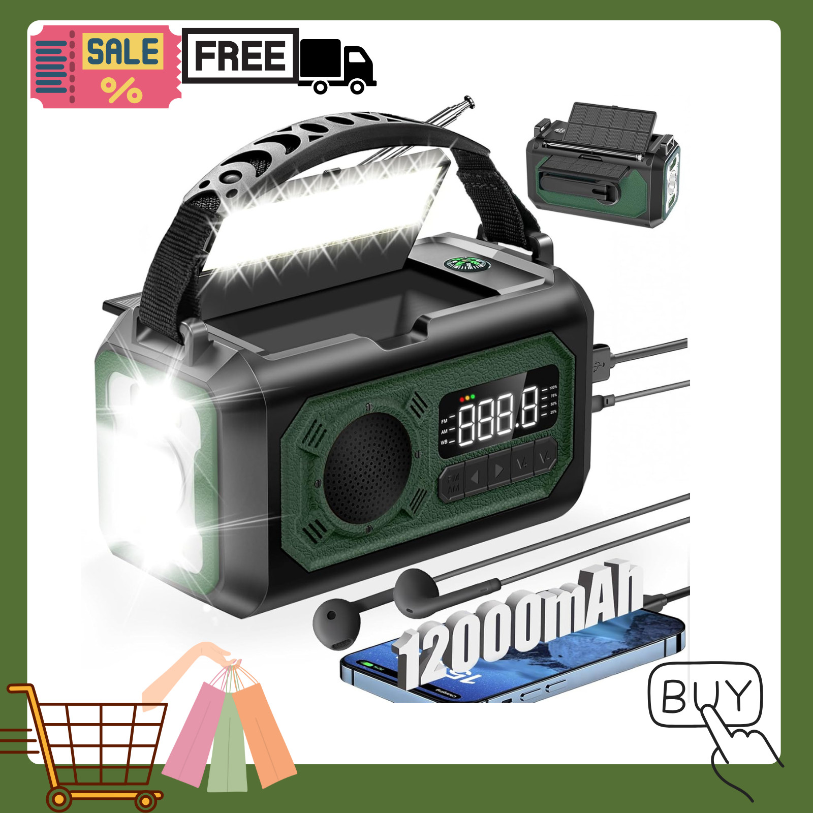 12000mAh Emergency Weather Radio Hand Crank Solar AM/FM NOAA