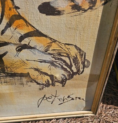 60s or 70s Large 3 Tigers Oil Painting signed Peterson on Canvas
