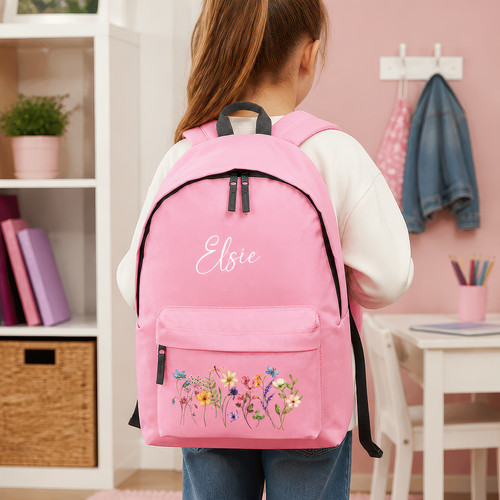 Personalised Kids Floral Backpack with Name - Pink School Rucksack Two Sizes