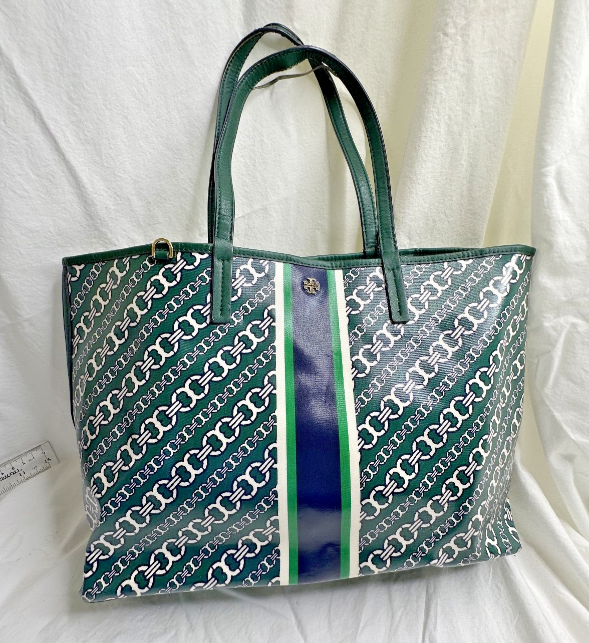 Tory Burch Green Gemini Link Open Top Large Tote Purse Travel Bag Casual AS IS