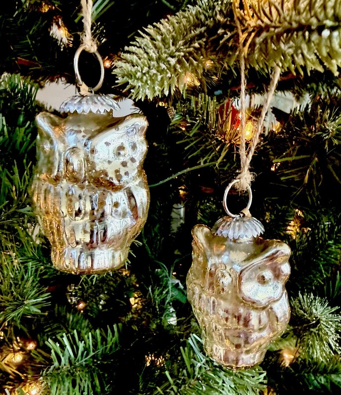 2 Owl Mercury Glass Ornaments Kugel Style Christmas Decor 4" EUC