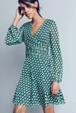 Diane von Furstenberg womens 12 Ashlynn Cube Print Silk Dress Green Long Sleeve