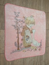 VTG Korean Mink Baby Blanket Precious Moments Girl Goose Duck Pink 44 x 54