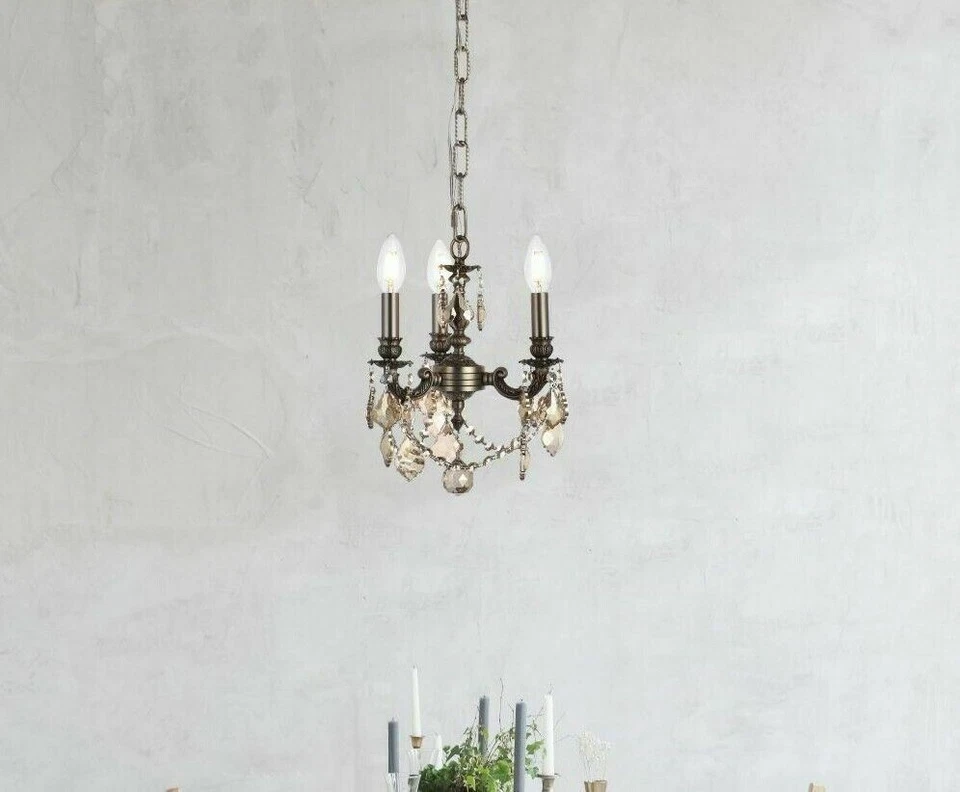 Golden Teak Crystal Pendant 3 Light Fixture Pewter Bathroom Bedroom Chandelier - Image 3 of 4