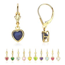 14k Yellow Gold Bezel CZ Heart Birthstone Leverback Dangle Earrings All Colors