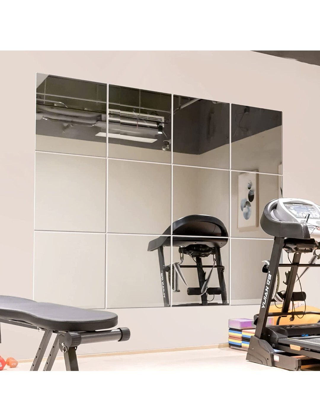 Gym Mirrors 12" Square Wall Mounted Mirror, Frameless Mirror Tiles for