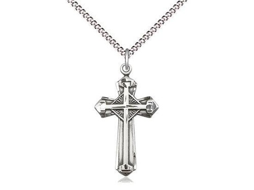 Sterling Silver Cross Pendant on a 18in Light Rhodium Light Curb Chain ...