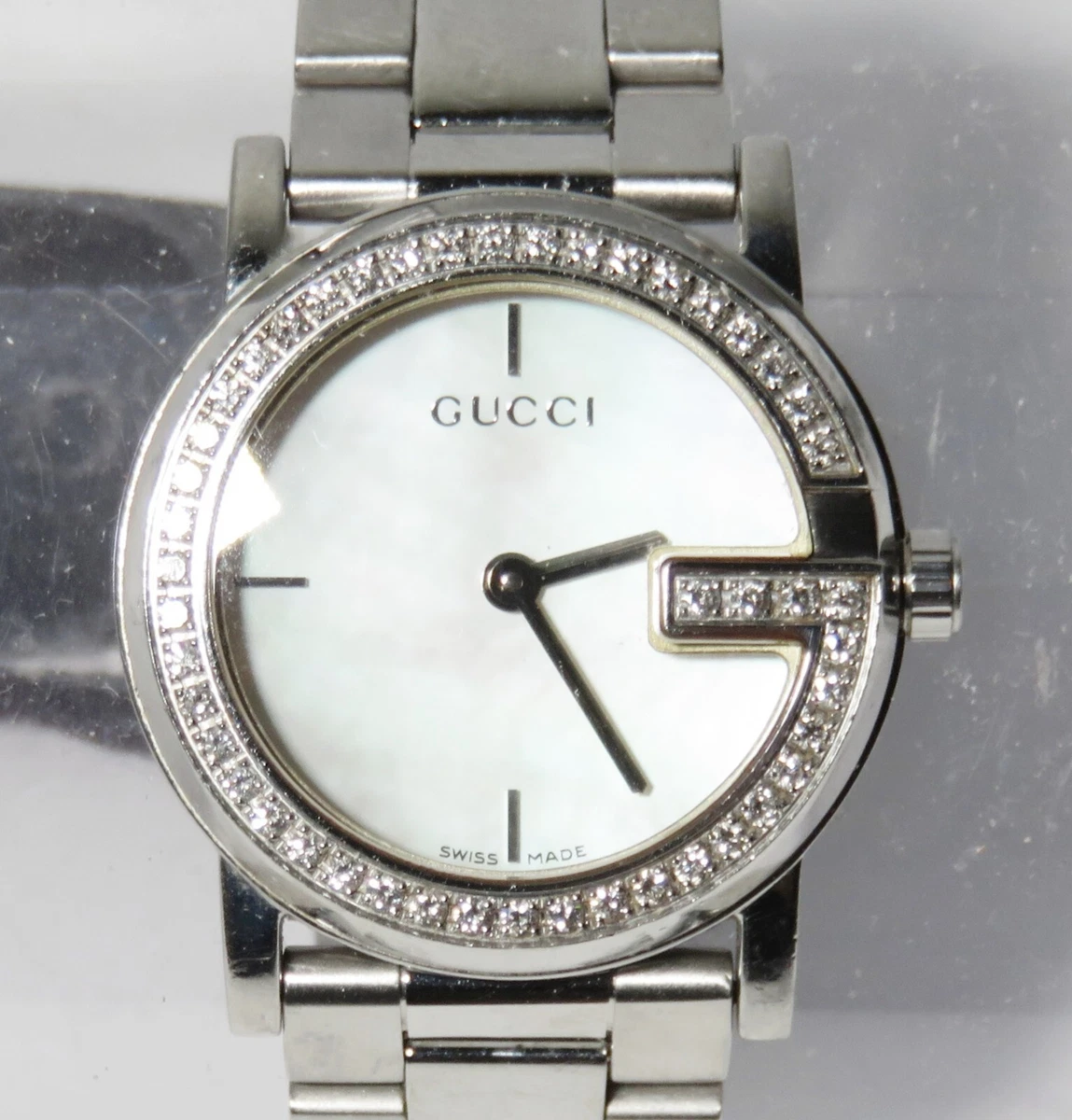 Gucci G 101L MOP Diamond Bezel Ladies Quartz Sz5.5 Wristwatch Swiss Runs Used