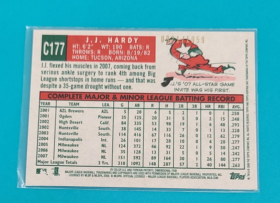 2008 Topps Heritage Chrome J.J. Hardy Baseball Card - Bargain Bin 50% Off 6+ 4B - Image 2 of 2