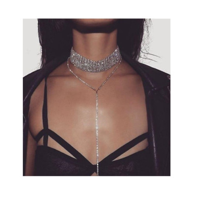 LUXELIFE RHINESTONE CHOKER LONG TASSEL PENDANT DOUBLE SILVER CRYSTAL NECKLACE