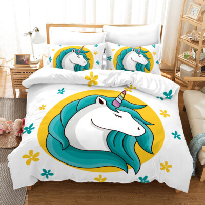 3D Einhorn Blumen Handgezeichnet Blau Quilt Cover Set Bettwäsche Sets Kissenb...
