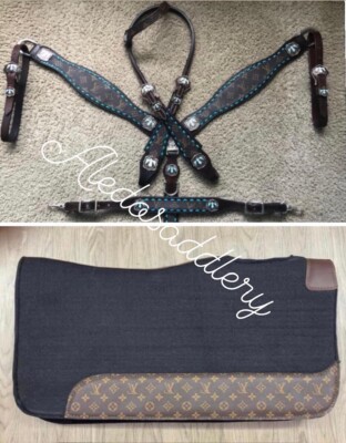 Western Brown Leather Tack Set of Headstall, Breast collar /saddle Pad