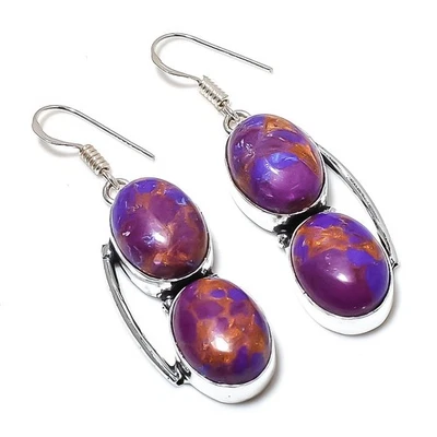 Copper Purple Turquoise Gemstone 925 Sterling Silver Jewelry Earring 2.21" C947 - Image 1 of 4