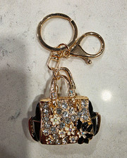 Gold/Black Metal Handbag Charm Key Chain Keyring w/ Rhinestones  Lobster Clasp