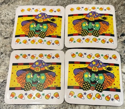 Vintage Halloween Witch Spider Bat Vinyl 4 Piece Set of Coasters