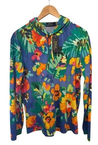 Polo Ralph Lauren Para Hombres Sudadera con Capucha Estampado Floral Manga Larga Algodón Sudadera con Capucha Pullover M