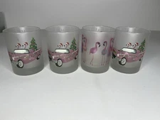 Culver Christmas Flamingos Coastal Frosted Old Fashioned Lowball Glass SET 4
