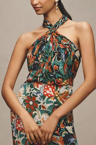 Abito midi floreale nuovo con etichette Anthropologie Bl-nk $178 donna taglia XL Elainne Halter - Foto 2 di 4