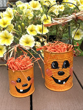 Halloween Pumpkin Tin Can Candy Basket Hand Painted Set Of 2 Corn Husk Accent