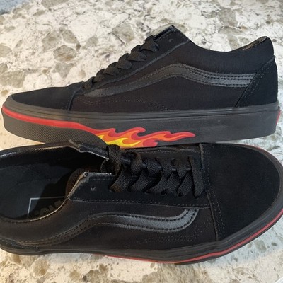 Vans Old Skool Low Skate Shoe Black Flames Men s 5/Woman s  6.5 Red Orange