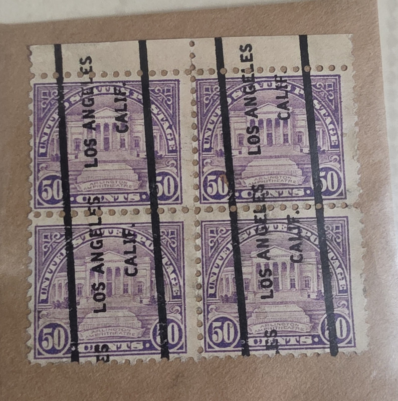 United States 50c Purple Los Angeles Calif Overprint Plate Block of 4