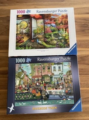 LOT OF 2 Ravensburger 1000 PC Puzzles, RIVERSIDE TOWN & JAPANESE GARDEN TEAHOUSE