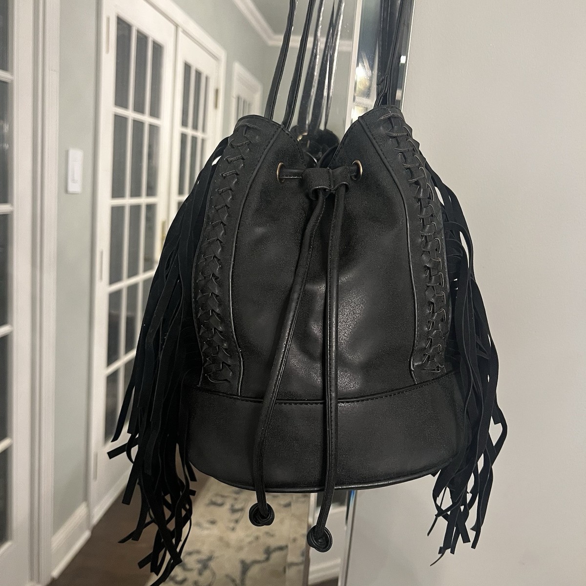 Backpack Black Fringe Crossbody Yoki Black Faux Leather Bucket Bag