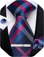 Plaid Ties for Men Silk Checkered Necktie and Pocket Square Cufflinks Tie Clip S