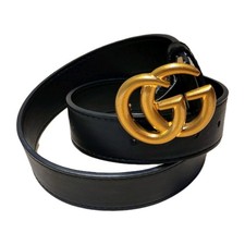Gucci Marmont Black Leather Adjustable Belt Double G Brass Buckle Wmn's 32 Italy