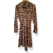 Lauren Ralph Lauren Ikat Crepe Fit Flare Shirt Dress Black Tan 10P Safari