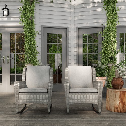 2 PCs Outdoor PE Rattan Rocking Chairs, Wicker Porch Rockers w/ Cushions, Gray - Picture 9 of 11