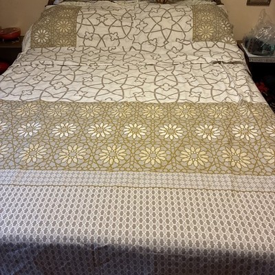 Kas Room Queen Duvet Set Cover & Pillow Cases Taupe Gray Gold Moroccan NWOT