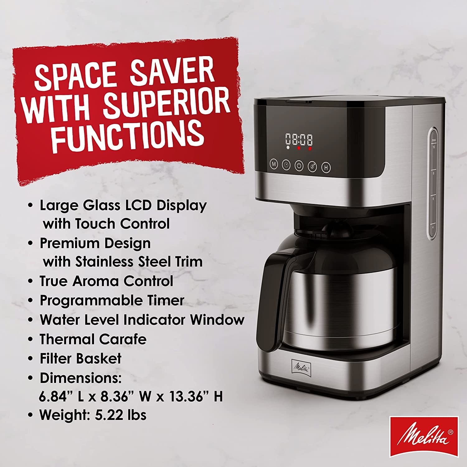 Melitta Aroma Tocco Thermal Drip Programmable Coffee Machine with 8Cup Capacity-