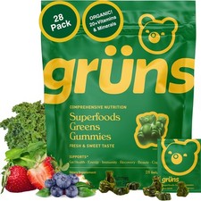 Gruns Adults Super Greens Gummies, Multivitamin Superfood Gummy Bears with Spiru