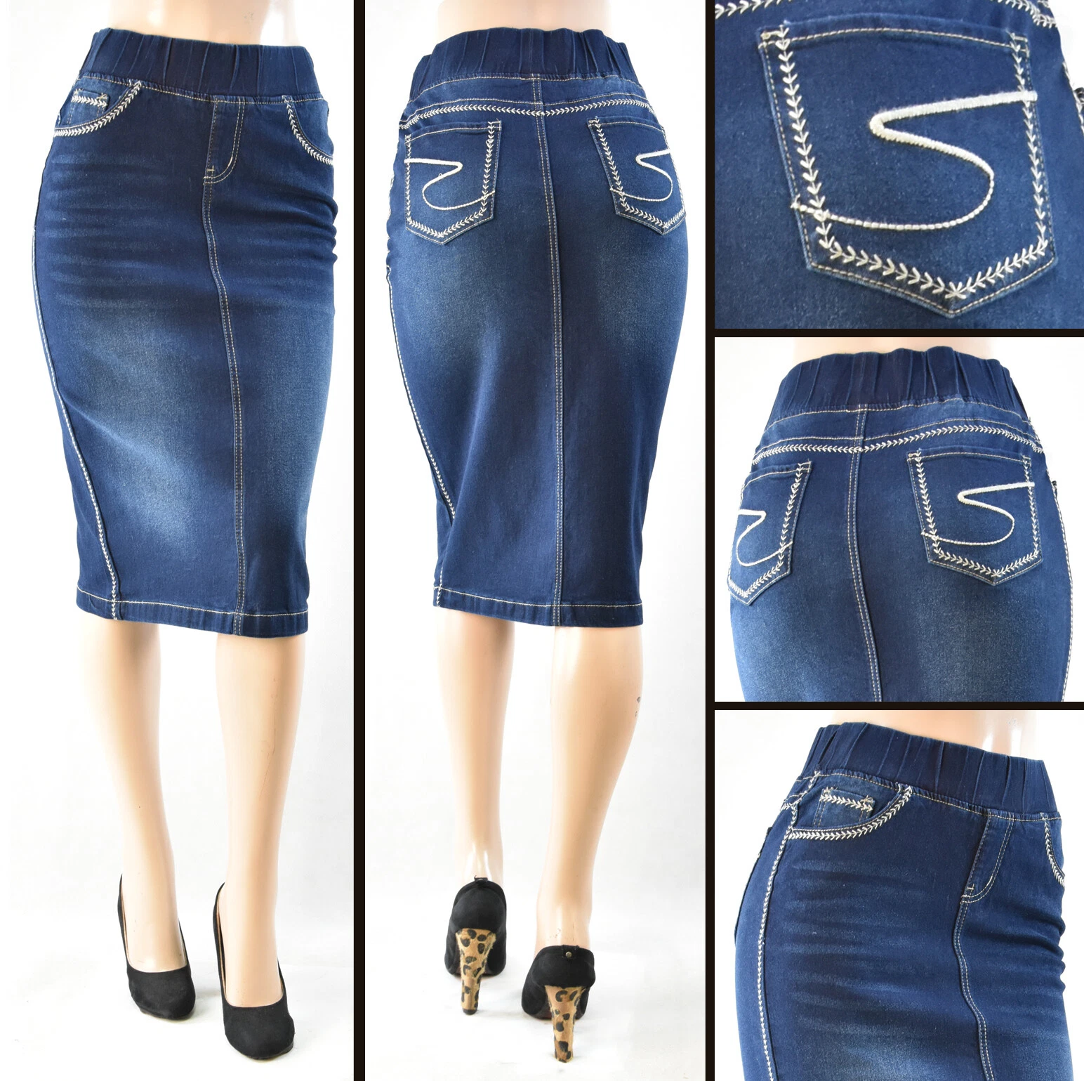 Women Denim midi length 28 pencil Dark wash Embroidery 5pocket M to 4X #WG-12340