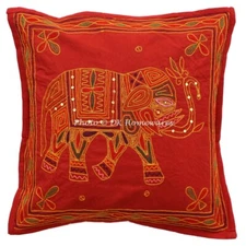 Gold Thread Embroidered Cotton Throw Pillow Cover Indian Elephant Pillowcase