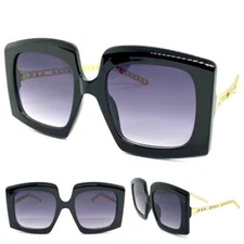Oversized Exaggerated Funky Retro SUN GLASSES Unique Square Black & Gold Frame
