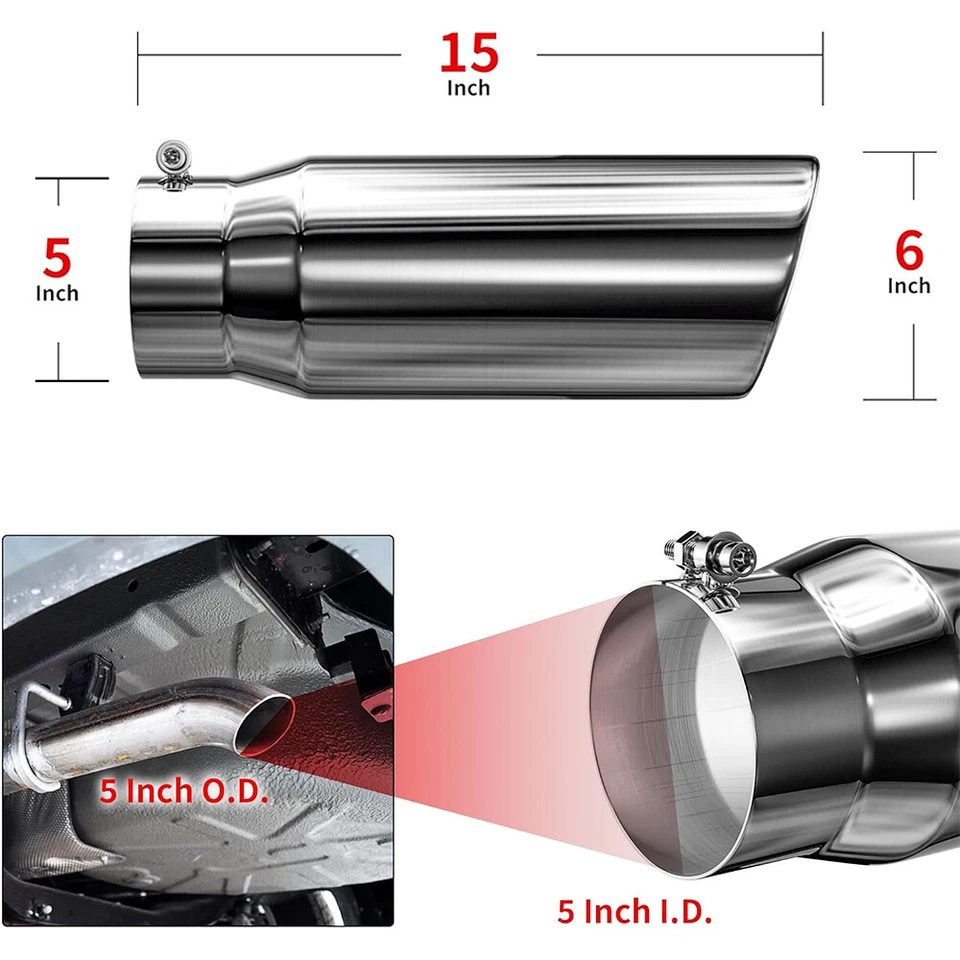 5" In 6" Out 15" Long Stainless Exhaust Tip Diesel For Chevy Avalanche 1500 2500 - Image 2 of 4