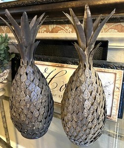 2 PC Brown METAL Pineapple Home Decor Table Top Lantern Set Indoor Outdoor
