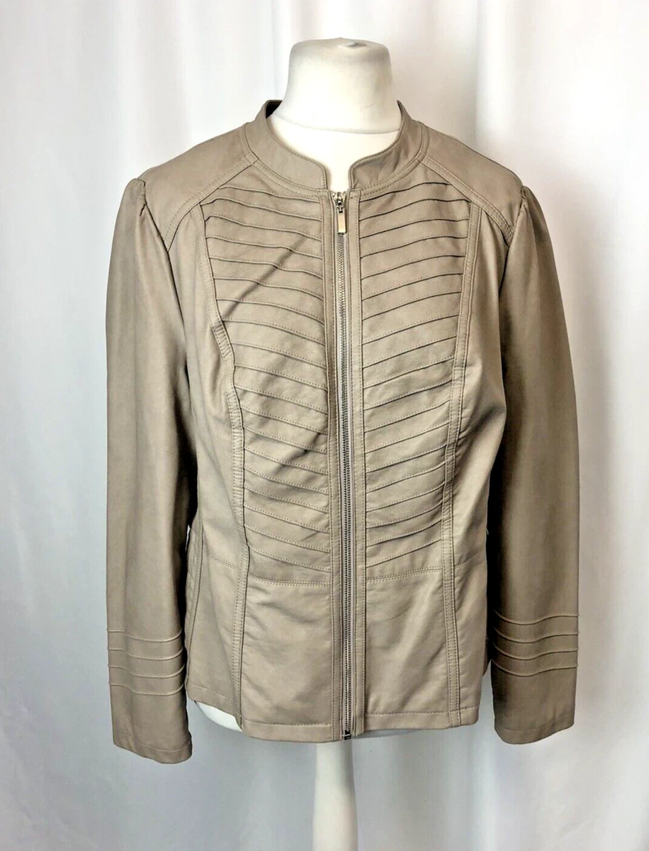 Wallis Faux Leather Pleated Grandad Collar Beige Greige Jacket