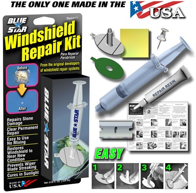 BLUE STAR DIY WINDSHIELD GLASS REPAIR KIT STONE DAMAGE CHIP MODEL # 777