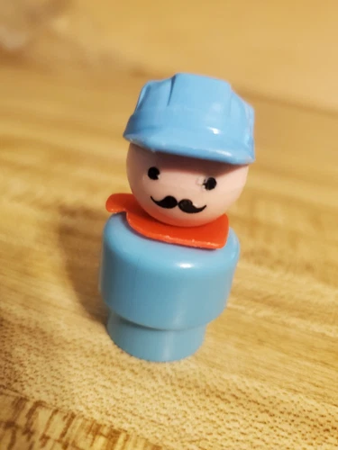 Fisher Price Vtg Little People Short Train Light Blue Engineer Man Farmers Scarf