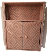 VTG Boho Shabby Chic Pink Wicker Bathroom Linen Wall Cabinet w/ Shelves Storage