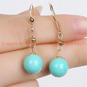 Authentic 12mm Sea Blue Turquoise Round Gems Beads Dangle Gold Plated Hook Earrings