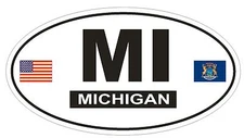 MI Michigan Oval Bumper Sticker or Helmet Sticker D792 Euro Oval with Flag