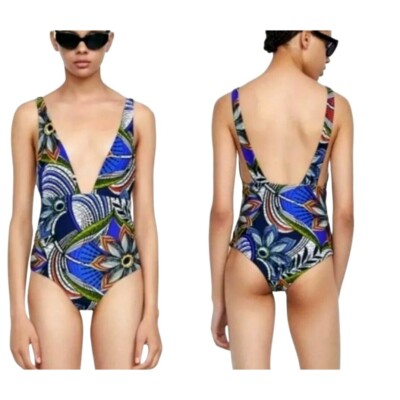 Zara Swimsuit Women Small Blue Floral Print Tropical One Piece Bathing Suit