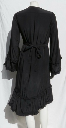 Abito camicia MAX STUDIO $128 nero setoso arruffato maniche lunghe a campana cravatta cintura US XS - Foto 2 di 5