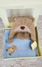 POTTERY BARN KIDS Outlet Brown Bear Blue Blanket  Hat Gift Set Baby New 2006