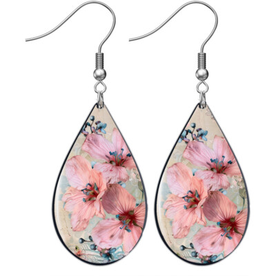 Shabby Chic Boho Pink & Blue Flowers Earrings Teardrop Dangle Drop Style Artisan